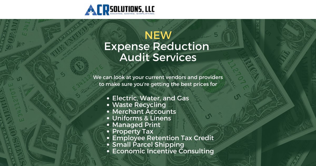 ACR_Solutions's tweet photo. Expense Reduction Audit Services are now available! Be sure you're getting the best prices possible in all of these categories. The savings could be huge! 

Learn more by visiting our website https://t.co/pqG8X4fTgi https://t.co/fXAi30AZMn