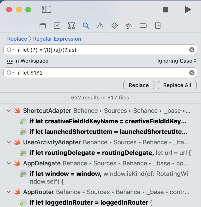 avielgr's tweet image. #Swift 5.7 is here and it’s time for some #Xcode regex magic! 💫
Find: if let (.*) = \1([,\s])(?!as)
Replace All: if let $1$2
Done! 🎉