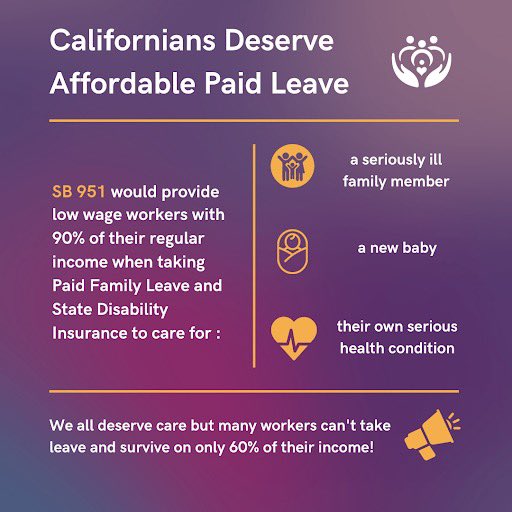 To ensure that everyone can bond with a child, care for an ill family member or heal #PaidFamilyLeave must be accessible for ALL, not just for those with higher incomes. Tell Gov. @GavinNewsom to support California’s families and sign #SB951 into law: workfamilyca.org/care4all