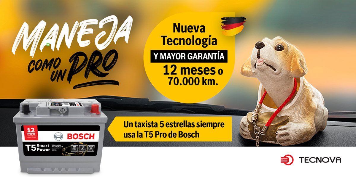 tecnova_ecuador's tweet photo. Taxista que se respeta maneja como un PRO con la nueva batería T5 Pro de Bosch.
Única con la tecnología para darte más garantía y confianza. ¿Ya tienes tu batería T5?
¡Encuéntrala en nuestros puntos autorizados!
#Bosch #T5PRO #BateríaBosch https://t.co/mfjUWpWaGl