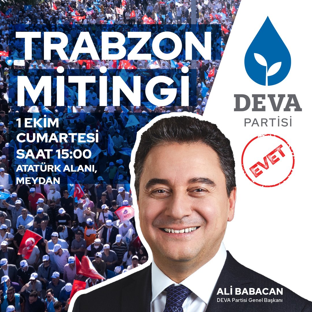 💧🌱 Demokrasi. Atılım. Derhal. Bugün.
Hep birlikte 1 Ekim'de Trabzon'dayız.
🗓 1 Ekim Cumartesi
🕰 15.00
📍 Atatürk Alanı, Meydan
#TrabzonMitingi