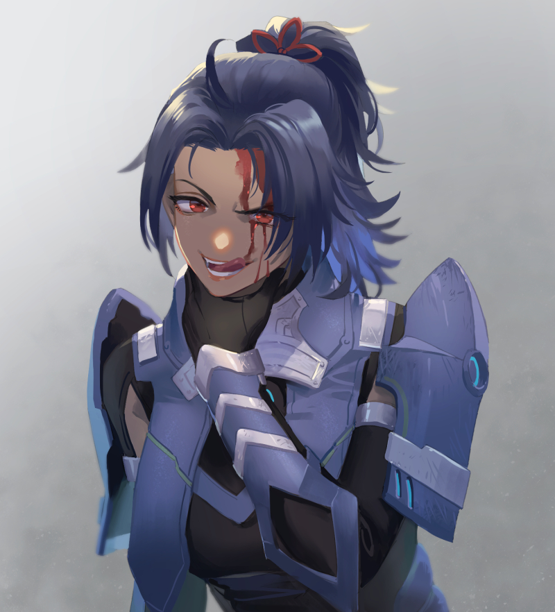 1girl solo blood on face blood ponytail blue hair armor  illustration images