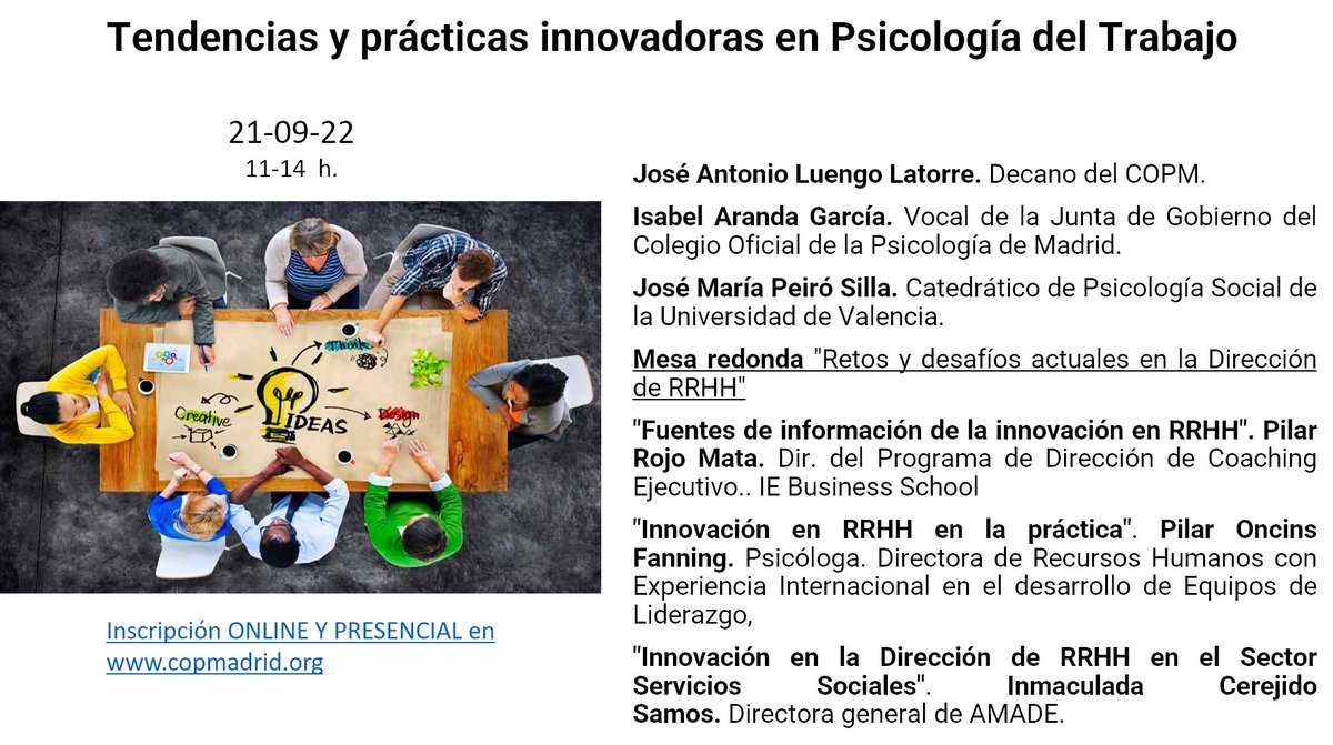 Isabel Aranda (@_isabelaranda) on Twitter photo Mañana especial jornada en el <a href="/CopMadrid/">Colegio Oficial de la Psicología de Madrid</a> hablando de #tendencias y también de prácticas en #PsicologíadelTrabajo. Aún puedes apuntarte en copmadrid.es Gracias a Pilar Rojo Pilar Oncins Fanning Inmaculada Cerejido y Dr. JOSE M PEIRO #RRHH #innovación Mañana especial jornada en el <a href="/CopMadrid/">Colegio Oficial de la Psicología de Madrid</a> hablando de #tendencias y también de prácticas en #PsicologíadelTrabajo. Aún puedes apuntarte en copmadrid.es Gracias a Pilar Rojo Pilar Oncins Fanning Inmaculada Cerejido y Dr. JOSE M PEIRO #RRHH #innovación