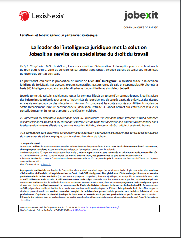 JCP_Social's tweet photo. 📢 Partenariat #LexisNexis France-#Jobexit : un simulateur 100% digital des indemnités de rupture de contrat de travail intégré dans #Lexis360 fin 2022. Un outil puissant d’aide à la décision pour tous les experts en droit social : avocats, experts-comptables, RH https://t.co/uoWmaA7Sps