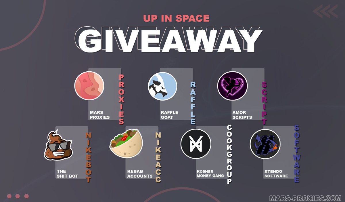 🎁 GIVEAWAY! 🎁

5x 2GB <a href="/Marsproxies/">MarsProxies</a> 
5x Beta-Key <a href="/RaffleGoatEU/">RaffleGoat</a> 
1x 1 Monthly <a href="/amorscripts/">Amor Scripts</a> 
1x 1 Monthly <a href="/The_Shit_Bot/">The Shit Bot</a> 
1x 10 Deluxe Nike Accounts <a href="/kebab_accounts/">Kebab Accounts</a> 
2x 1 Monthly @KosherMoneyGang 
1x 1 Monthly <a href="/xtendosoftwares/">XtendoSoftwares</a> 

🚨 FOLLOW ALL | RETWEET | LIKE | @ 2 FRIENDS! 🚨