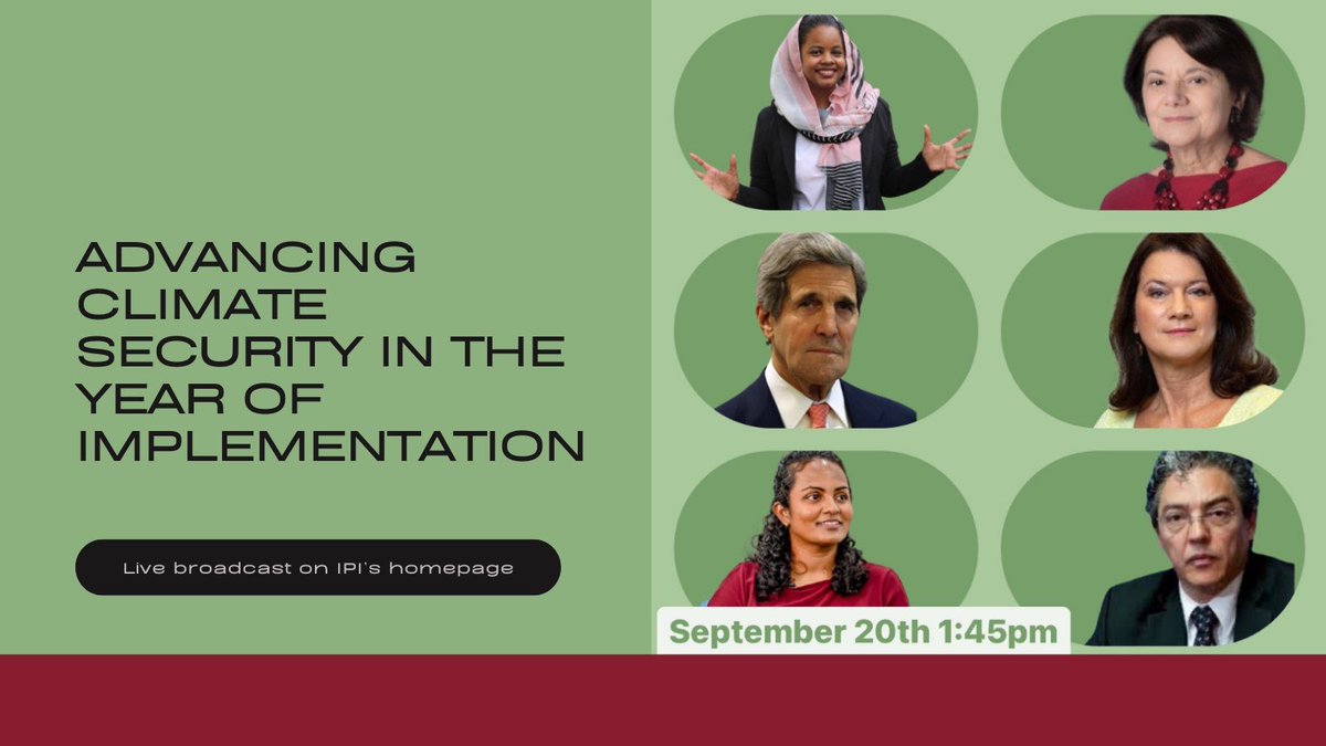 DON'T MISS a #UNGA  highlight! 

Tune into the joint 🇸🇪 &amp; 🇺🇸 high-level panel on “Advancing #ClimateSecurity in the Year of Implementation” 

🗣️ <a href="/JohnKerry/">John Kerry</a> <a href="/AnnLinde/">Ann Linde</a> <a href="/DicarloRosemary/">Rosemary A. DiCarlo</a> <a href="/NisreenElsaim/">Nisreen Elsaim</a> <a href="/anuahsa/">Shauna Aminath 🎈❓</a> <a href="/CostaRicaONU/">Costa Rica @ the UN</a>

LIVE 🔜 ipinst.org/2022/09/advanc…
<a href="/ipinst/">Intl Peace Institute</a> <a href="/SIPRIorg/">SIPRI</a> #UNGA77