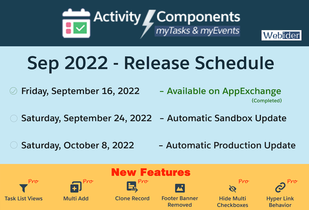 webider's tweet image. Sep-22 Release for #Webider’s Activity Components for #Salesforce is LIVE on AppExchange. 
Release Notes: webider.com/actpackseptemb…  
#DF22 #Dreamforce2022 #ActivityComponents #salesforceadmin #salesforcedevelopers  #awesomeadmin #taskcomponent #eventcomponent #appExchange