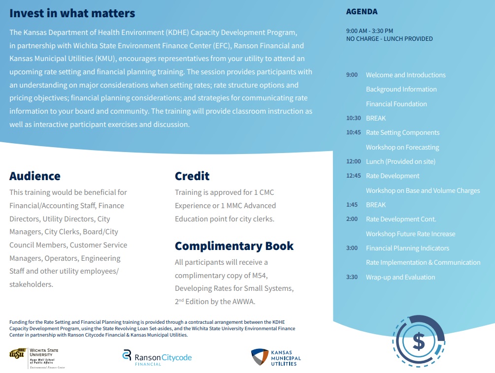 munimojo's tweet image. Here are the dates for the Utility Rates &amp;amp; Financial Planning workshops:
09-21-2022 \\ CHETOPA
09-28-2022 \\ MANKATO
10-26-2022 \\ LACROSSE
11-16-2022 \\ GREENSBURG
01-25-2023 \\ VALLEY CENTER
02-8-2023 \\ MARYSVILLE
Register online at kmu.net