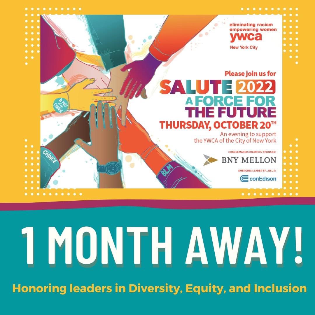 We are just one month away from our 49th Annual Salute fundraiser! This year, we gather to honor those who work tirelessly for a more just society and recognize established leaders in Diversity, Equity, and Inclusion. Register/donate today: ywcanyc.org/49th-annual-sa…