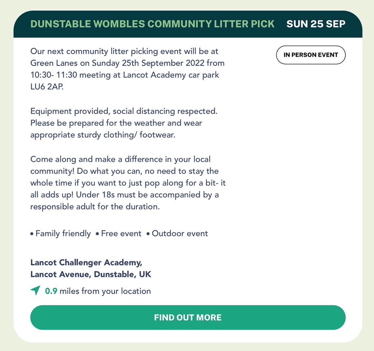 <a href="/DunstableWomble/">Dunstable Wombles</a> host LITTER PICKS every month, and you can join too!! greatbiggreenweek.com/events/dunstab… 
#GreatBigGreenWeek #itswhatwedo 
On the 25th Sept I will be joining to help clean up the Green Lanes, LU6 2AP…anyone is welcome, come clean up Dunstable and make our streets safer :)