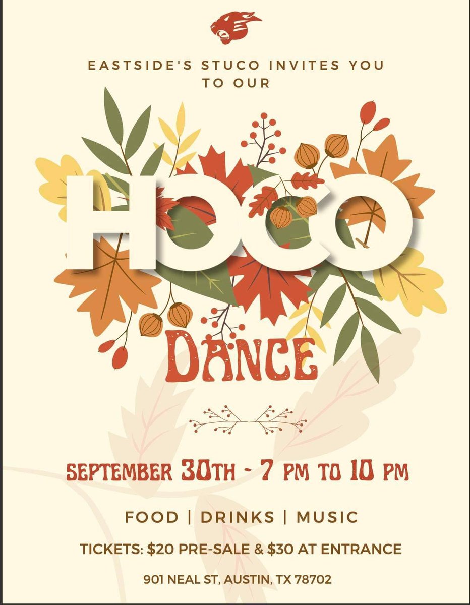 EastsideStuCo's tweet photo. Hey panthers! This year's Homecoming Dance is finally here! 🎉Tickets are 20 dollars presale & 30 at the door. You can buy them now with Ms. Rivera at B426 #pawsup #ehs #eastsidepride #ehsstuco
@andrew_k_bailey @EastsideECHS @EdCo810 @CKenderEDU https://t.co/nXwD9dOoc6
