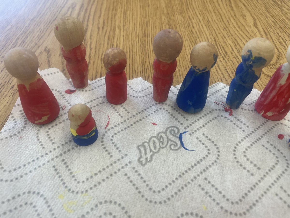 We are painting peg dolls, as ourselves. We are mixing colours to match our skin tones and choosing a colour or colours for the outfit. 

This will help ensure we have a doll that looks like each of us in KB ❤️