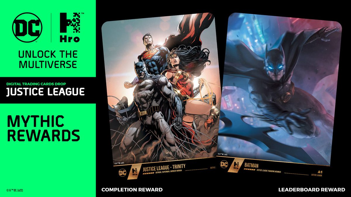 hro's tweet photo. For our #Hro's who Compete &amp; Complete!

👉  Our Top 150 Hro's on the Justice League Leaderboard will receive the Batman Mythic Card, mint determined by leaderboard placement

👉  Completion mint to be awarded by fastest completion time of the Justice League - Trinity Mythic Card https://t.co/5YFIeVhQ1t