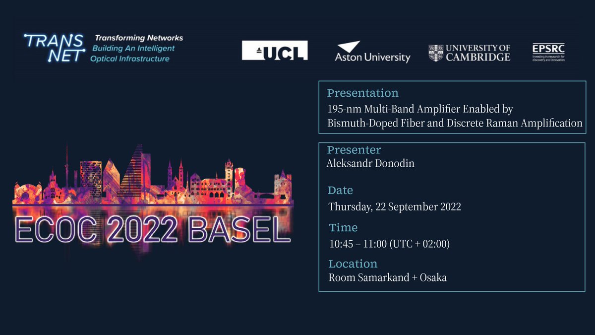 It is Day 5 🗓️ of the <a href="/ECOC_Conference/">ECOC_Conference</a> today and we are so pleased to announce that <a href="/ADonodin/">Aleksandr Donodin</a> from our <a href="/AstonPhotonics/">Aston Institute of Photonic Technologies</a> site will be presenting a conference paper in 15 minutes!!!

The paper reports a first-time ultra-wideband transmission through 70-km long fiber #ECOC2022