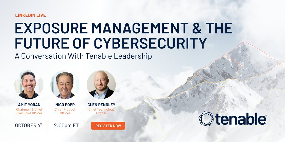 TenableSecurity's tweet photo. In two weeks, Tenable Leadership Amit Yoran, Nico Popp and Glen Pendley will be hosting a LinkedIn Live to discuss the future of #exposuremanagement &amp; cybersecurity. RSVP now 💻 https://t.co/1BqaS2Wzxj https://t.co/h0pYepILfv