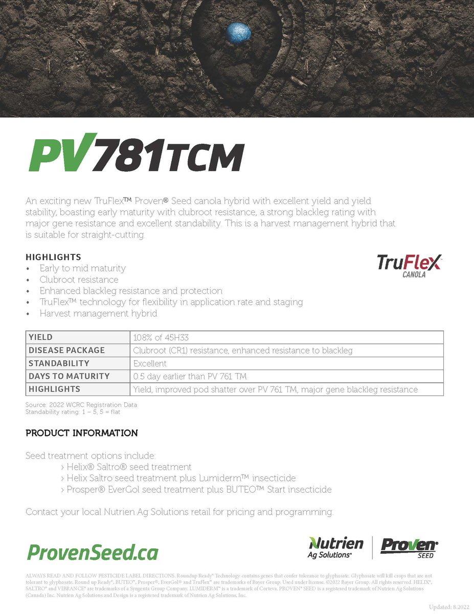 ProvenSeed's tweet photo. New for 2023! PV 781 TCM is an exciting new TruFlex canola hybrid with excellent yield, early maturity, clubroot resistance, and excellent standability. Did we mention it's a harvest management hybrid? Available only at @NutrienAgCDA retails. #plant23 https://t.co/q2Z0UVd9In