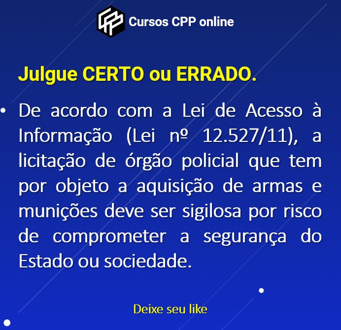 cursosCPP's tweet photo. Julgue CERTO ou ERRADOO.

Questão típica de PF.

#questãodeprova #lai #lei12527 #acessoainformacao #cstapm #cursoscpp #militar https://t.co/wbsIITYPHv