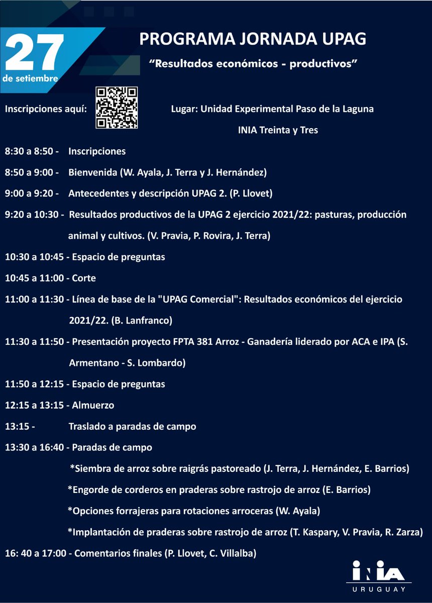 INIA_UY's tweet photo. ➡️Compartimos el programa de nuestra próxima actividad en la Unidad Experimental Paso de la Laguna en @INIA_UY Treinta y tres.
🚩Inscripciones en: https://t.co/XzuebBr2zB. https://t.co/DD965D4yq5