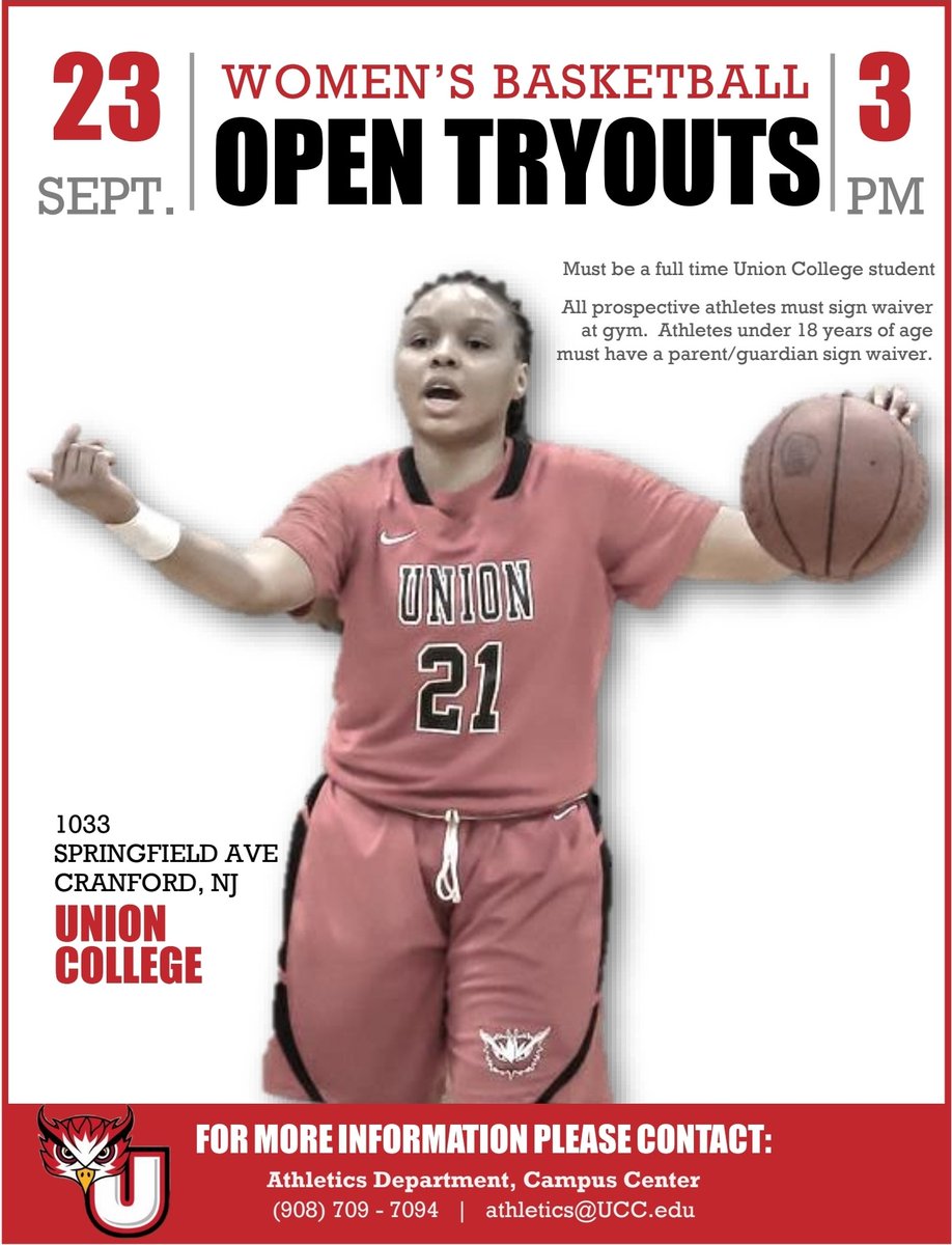 🚨 Attention Union College Students! 
The Lady Owls are holding open tryouts this Friday, September 23, 2022 at 3pm.  If you are a full time student who is interested, join us at the Cranford Campus Gym. Click link to get started: unionowls.com/sports/wbkb/Wo…
#OwlNation #UnionWBB 🦉💪🏾