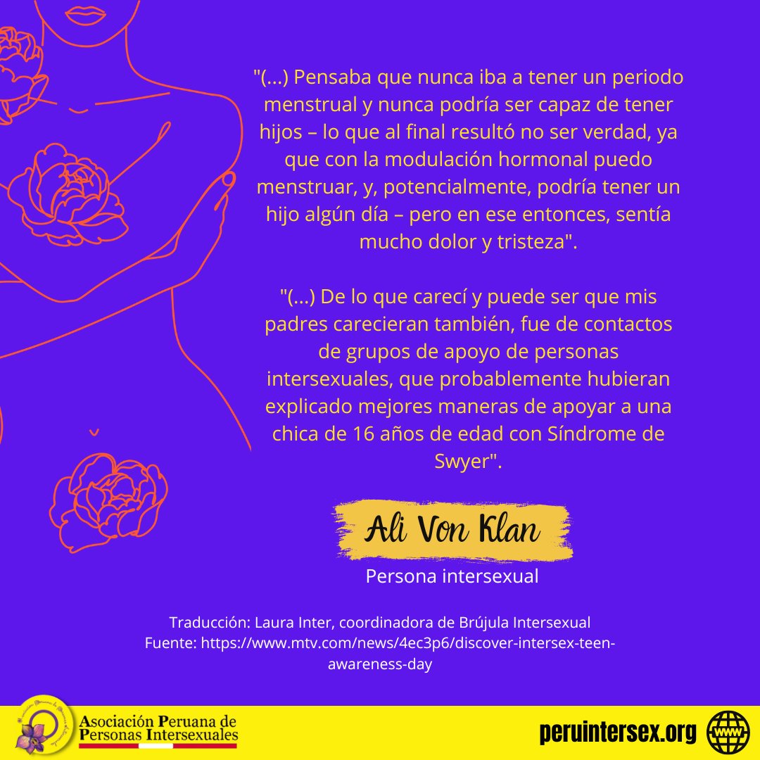 Peru_Intersex's tweet image. 🟡Hoy aprenderemos sobre el #Sindromedeswyer, a través de la vivencia de Ali Von Klan (persona #intersexual). 
🟣 Agradecemos a Laura Inter, coordinadora de @brujulaintersex por la traducción del artículo “This Is What It’s Like To Discover You’re Intersex As A Teen”.