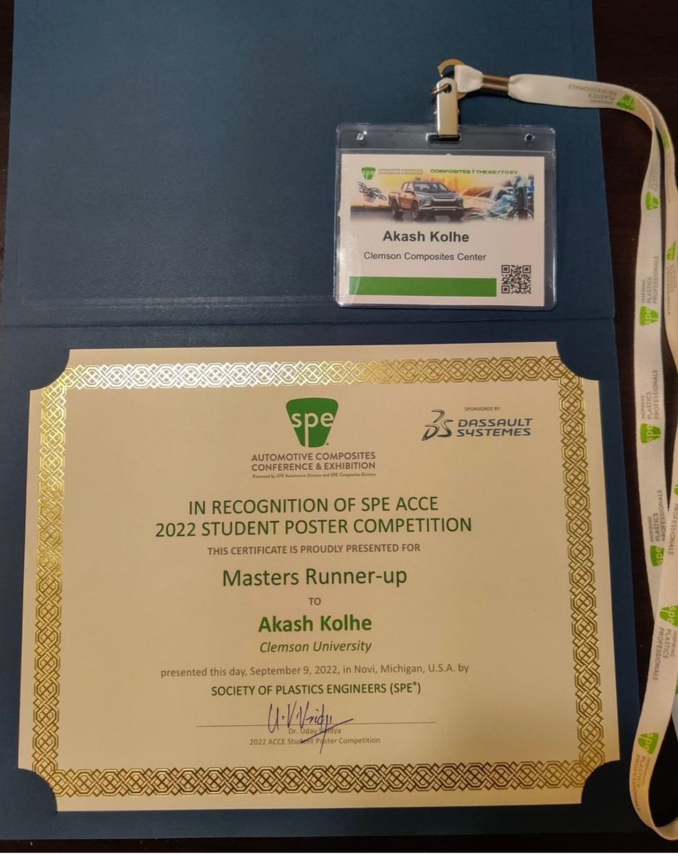 ClemsonCompCtr's tweet photo. Congratulations to @ClemsonCompCtr student Akash Kohle for 2nd place in the student poster competition at @4SPE_Plastics ACCE in Michigan! Akash presented our @ENERGY sponsored work on ultra-lightweight thermoplastic composite automotive doors. @ClemsonCECAS @ClemsonResearch https://t.co/hjqToDjfmk