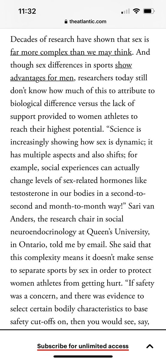 ClayTravis's tweet photo. This paragraph is wild. The Atlantic is arguing there’s no real difference between men’s and women’s athletes. Left wingers are legitimately arguing biology doesn’t exist. It’s pure madness. https://t.co/NXq3RbQgYs