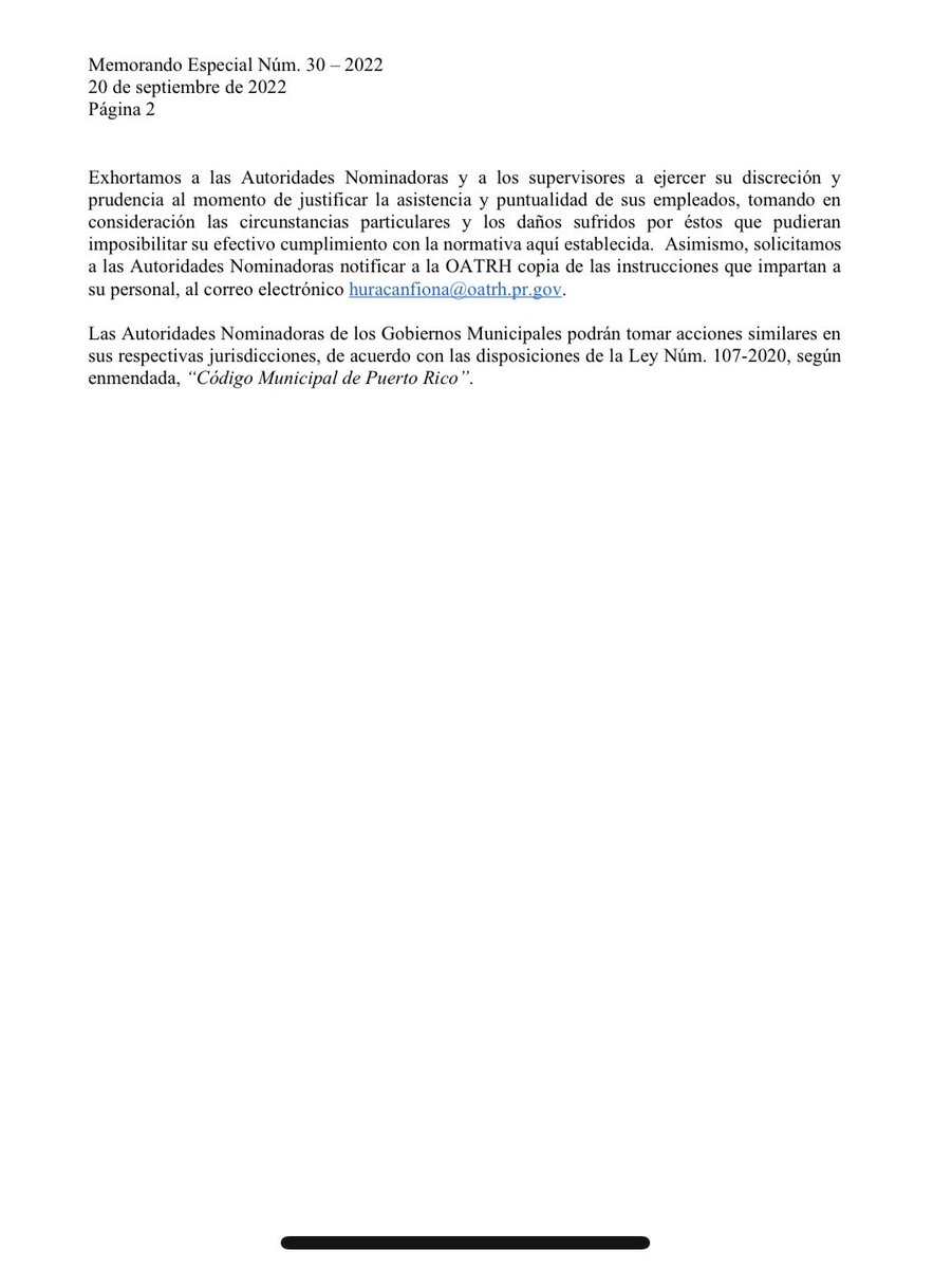 [Atención] Directora de la <a href="/OATRH/">OATRH</a>, Lcda. Zahira A.Maldonado Molina emitió el ME Núm. 30-2022: “Reanudación de labores  de los empleados públicos luego del paso del Huracán Fiona por Puerto Rico”. <a href="/GovPierluisi/">Gobernador Pierluisi</a> <a href="/fortalezapr/">Puerto Rico Governor's Office</a> @prdiroatrh