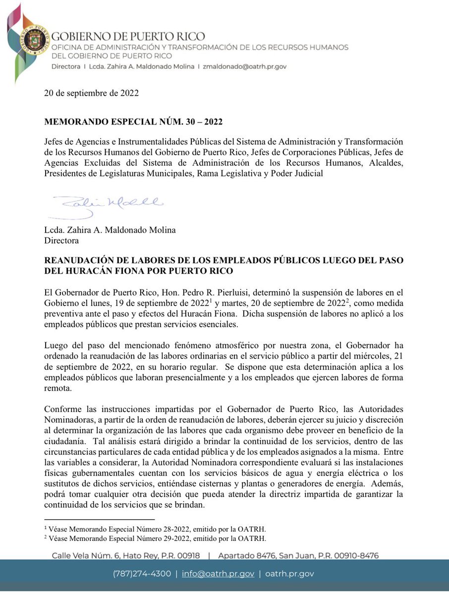 OATRH's tweet photo. [Atención] Directora de la @OATRH, Lcda. Zahira A.Maldonado Molina emitió el ME Núm. 30-2022: “Reanudación de labores  de los empleados públicos luego del paso del Huracán Fiona por Puerto Rico”. @GovPierluisi @fortalezapr @prdiroatrh https://t.co/r70pmxRZqS
