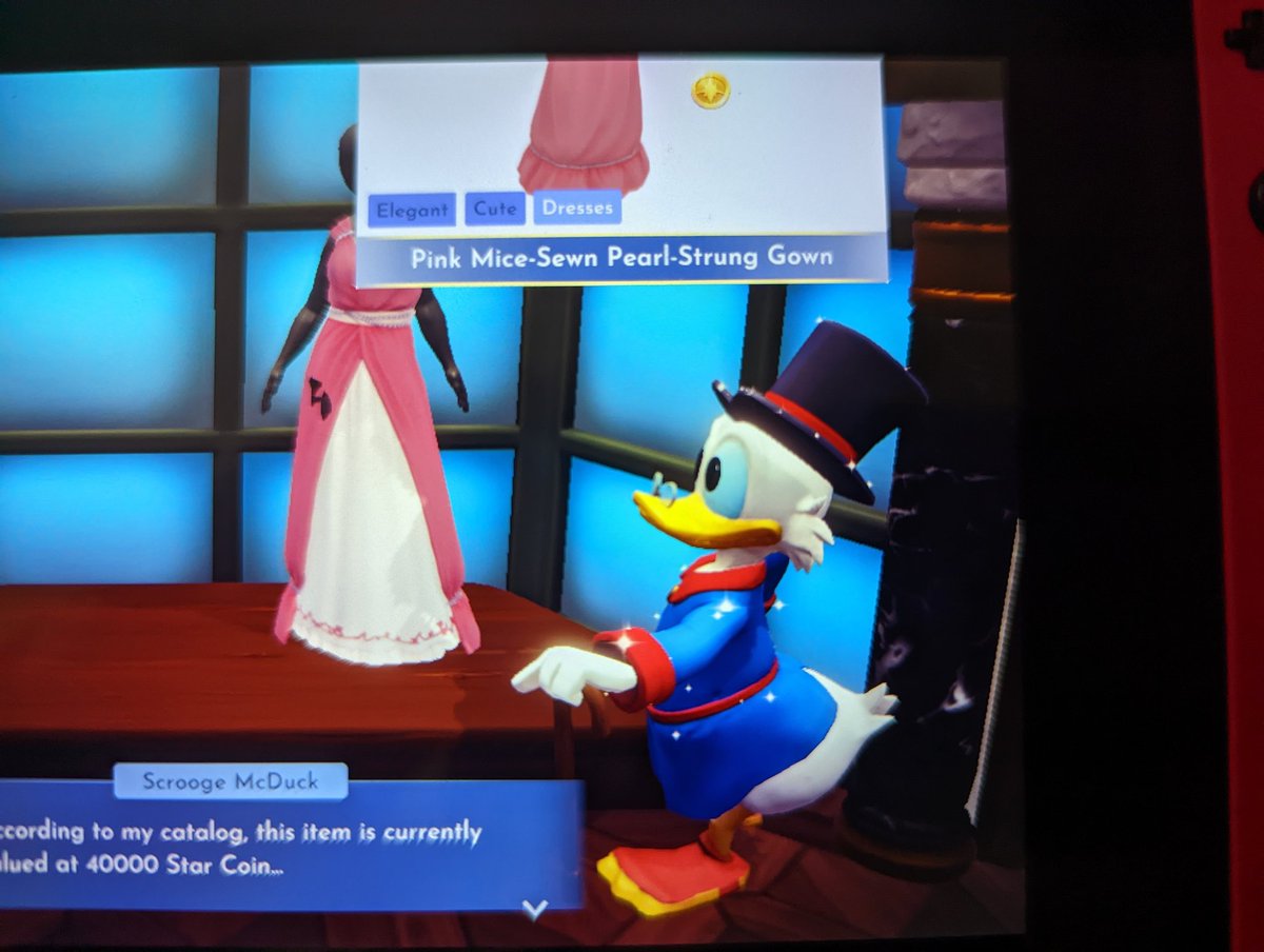 lagunalock's tweet photo. Scrooge's "Pink Mice-Sewn Pearl-Strung Gown" title for Cinderella's original ball dress reads like a Spirit Halloween costume name. I guess he didn't want to pay for the rights. #DisneyDreamlightValley #scroogemcduck https://t.co/M2MHx6Edyp