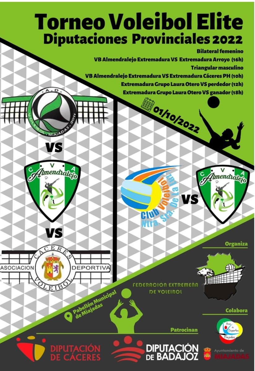 advoleibolmiaja's tweet photo. 🔴🔴 Este año Torneo Voleibol Elite en Miajadas 🔴🔴

Se disputará este fin de semana del 1/10/2022  en el pabellón municipal.

🎟️ GRATIS 

¡¡ No te lo pierdas !

#ADVM #diputaciondecaceres #FJYD #AyuntamientodeMiajadas #grupolauraotero #trofeoelitediputacionesprovinciales2022 https://t.co/3M8wwqajGW