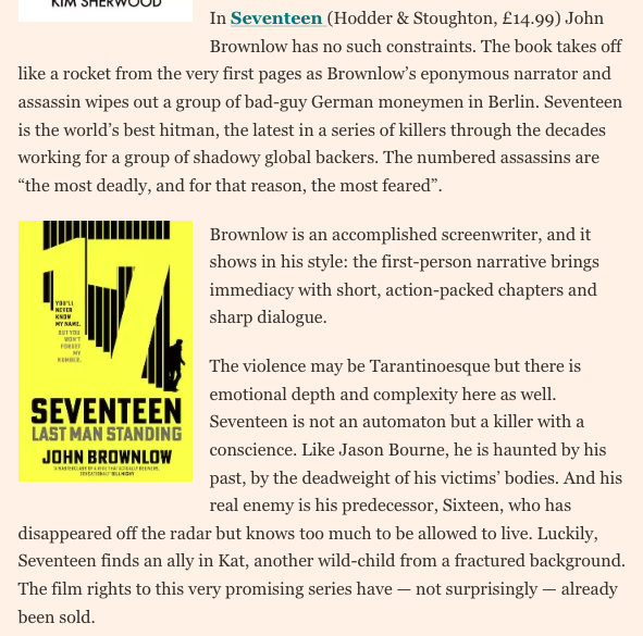Thanks to the Financial Times for a lovely review:

'takes off like a rocket from the very first pages... Brownlow is an accomplished screenwriter and it shows... the violence may be Tarantinoesque but there is emotional depth and complexity here as well'

ft.com/content/6889f8…