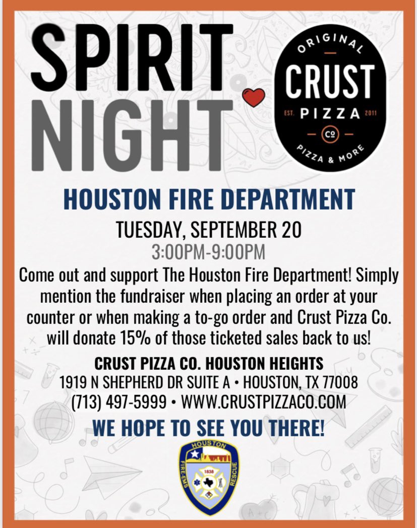 HoustonFire's tweet photo. Itβs #NationalPepperoniPizzaDay! A special thanks to #CrustPizzaCo for spreading some pizza joy π to @HoustonFire today! Donβt forget to visit their Heights location tonight from 3-9 p.m. 15% of the sales will be donated back to @HoustonFire! @FireChiefofHFD https://t.co/7bMecjyfE2