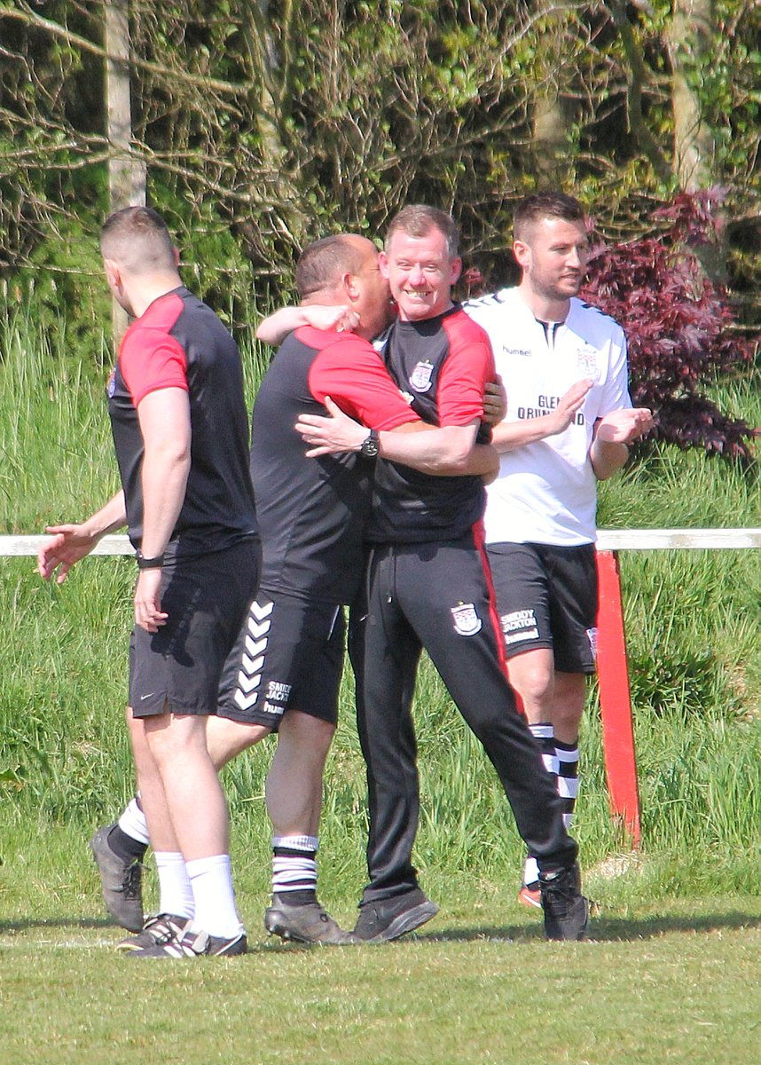 Alan Paterson celebrates a goal for Thistle with No.2 Billy Dolan in May 2018