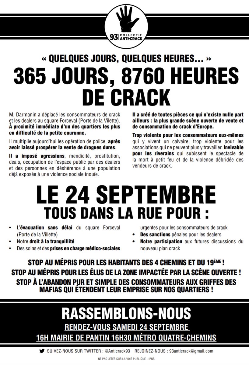 Anticrack93's tweet photo. 365 jours de #crack à la Villette : pas un de plus!

Rendez-vous samedi 24 septembre à 16h30 Métro #4Chemins pour demander L'ÉVACUATION IMMÉDIATE DU CAMP DE LA HONTE.

Soignez-les, protégez-nous! https://t.co/xWQkAKXdKA