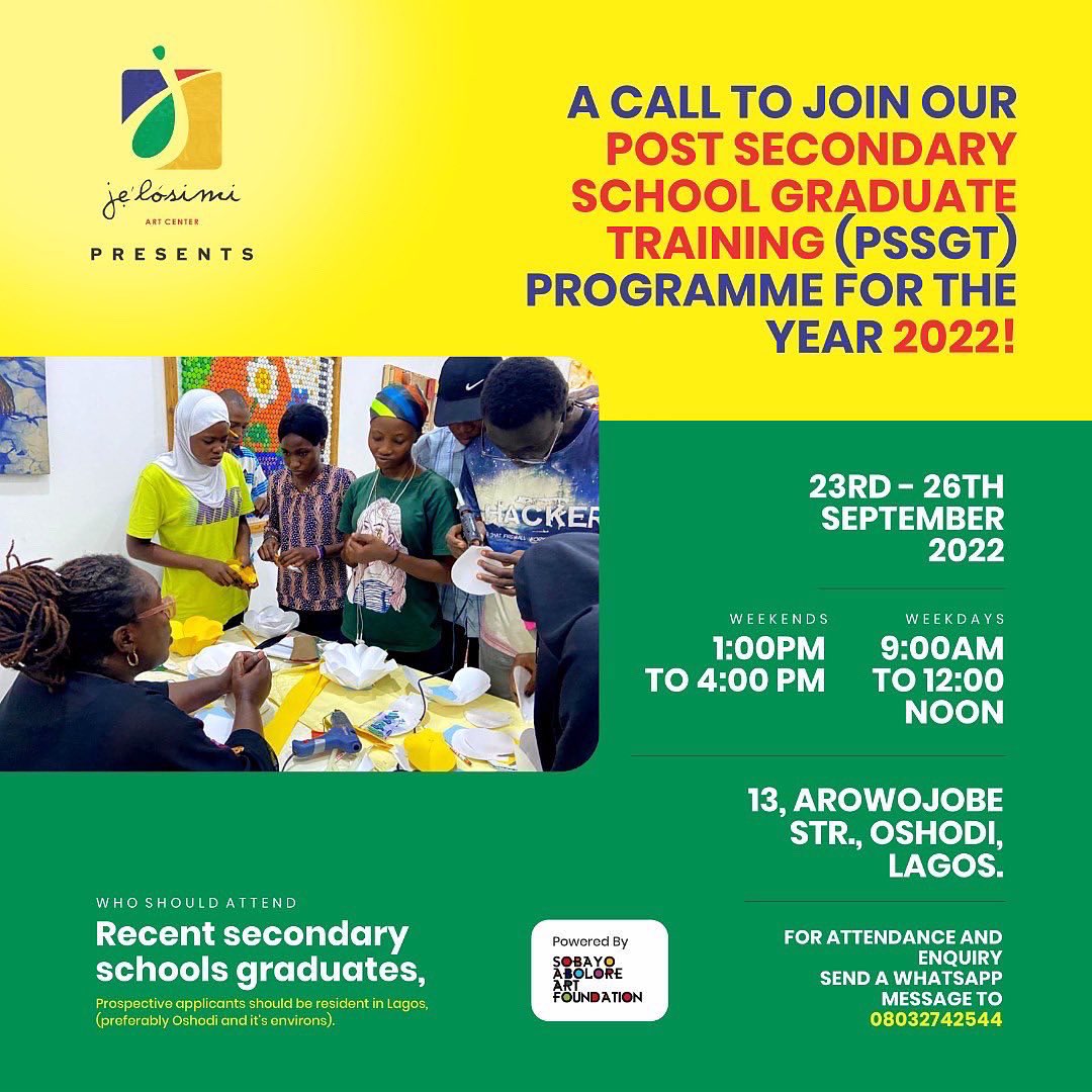 🚻Recent secondary schools graduates, i.e. students who graduated in the 2021/2022 Academic Session should kindly fill and submit their applications provided in the link below: jelosimiartcenter.com/registration.p…