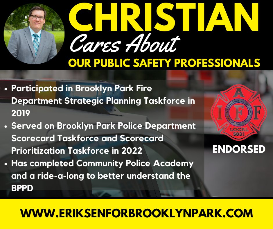 EriksenforBP's tweet photo. My comprehensive vision for public safety in Brooklyn Park includes community engagement, youth programming and intervention and officer/firefighter wellness. Want to learn more? Visit https://t.co/ldHzAL99Qm 
#christiancares #christianforcouncil #brooklynparkmn #vote https://t.co/nsPMtfw0Fa