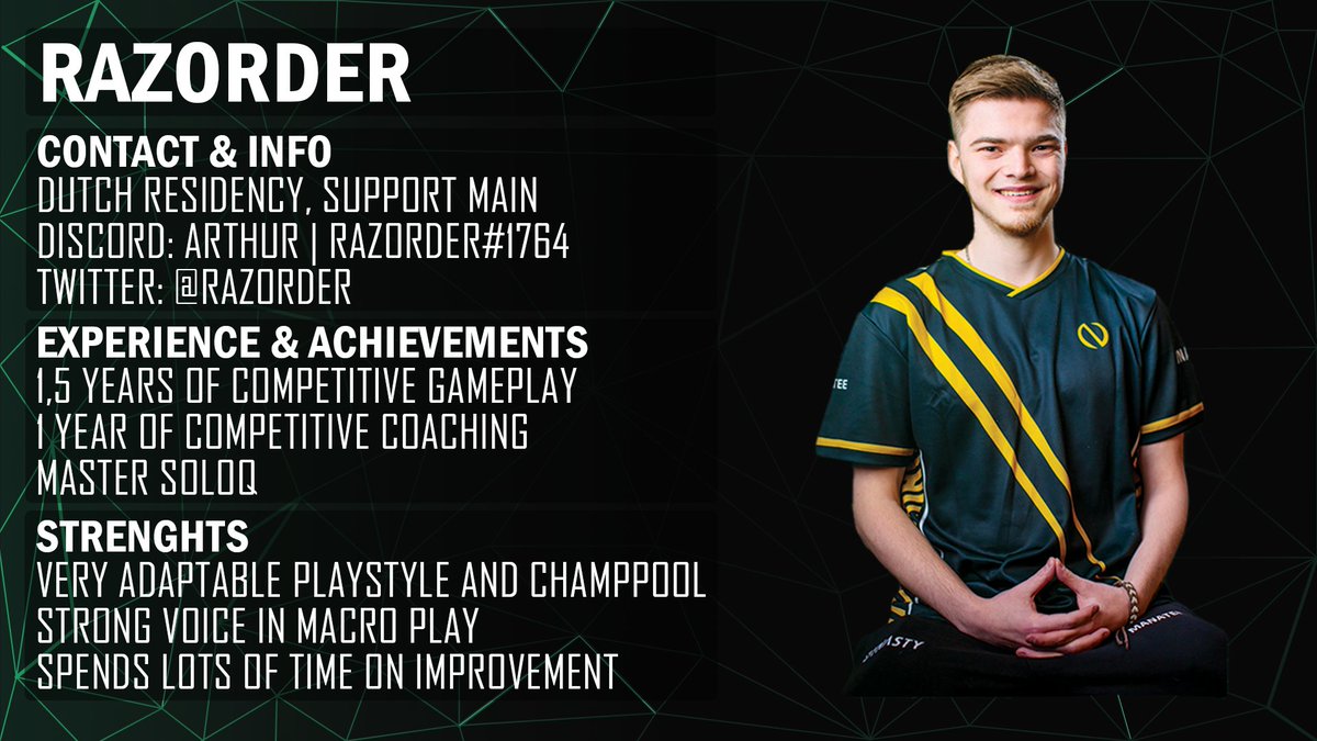Hereby I announce that I am currently #LFT as a player.
Looking for an ambitieus team that wants to grow with efficient scrims. Open for all Winter Split offers. 
Reference: <a href="/LoLEscapist/">Floris Buurman</a>