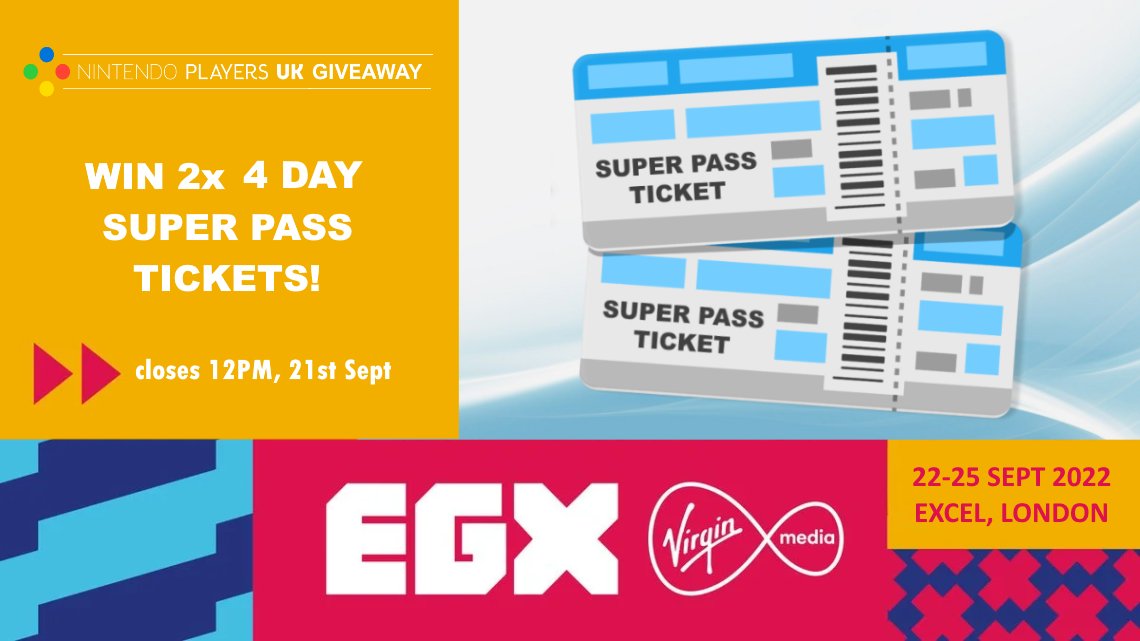 NintendoPlayUK's tweet photo. 🎟️ Want to join NPUK and @NintendoLife at @EGX this weekend? 🎟️

👍 Follow us,
♻️ Retweet this tweet,
🏷️ Comment with a friend to tag along!

Enter before 12pm on 21/09/22 for the chance to win two #EGX2022 four-day Super Passes in our #Giveaway.

T+Cs in the replies. https://t.co/fmYlDMS4xV