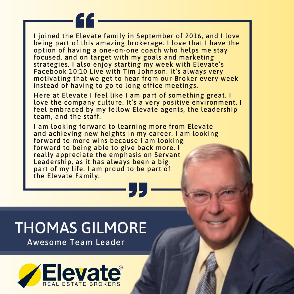 ElevateBrokers's tweet photo. We are so happy to share this testimonial that we received from one of our awesome Team Leaders, Thomas Gilmore!

Thank you for your kind words, Tommy!! We are grateful to have you in the Elevate Family! https://t.co/Q1oyPdexYp