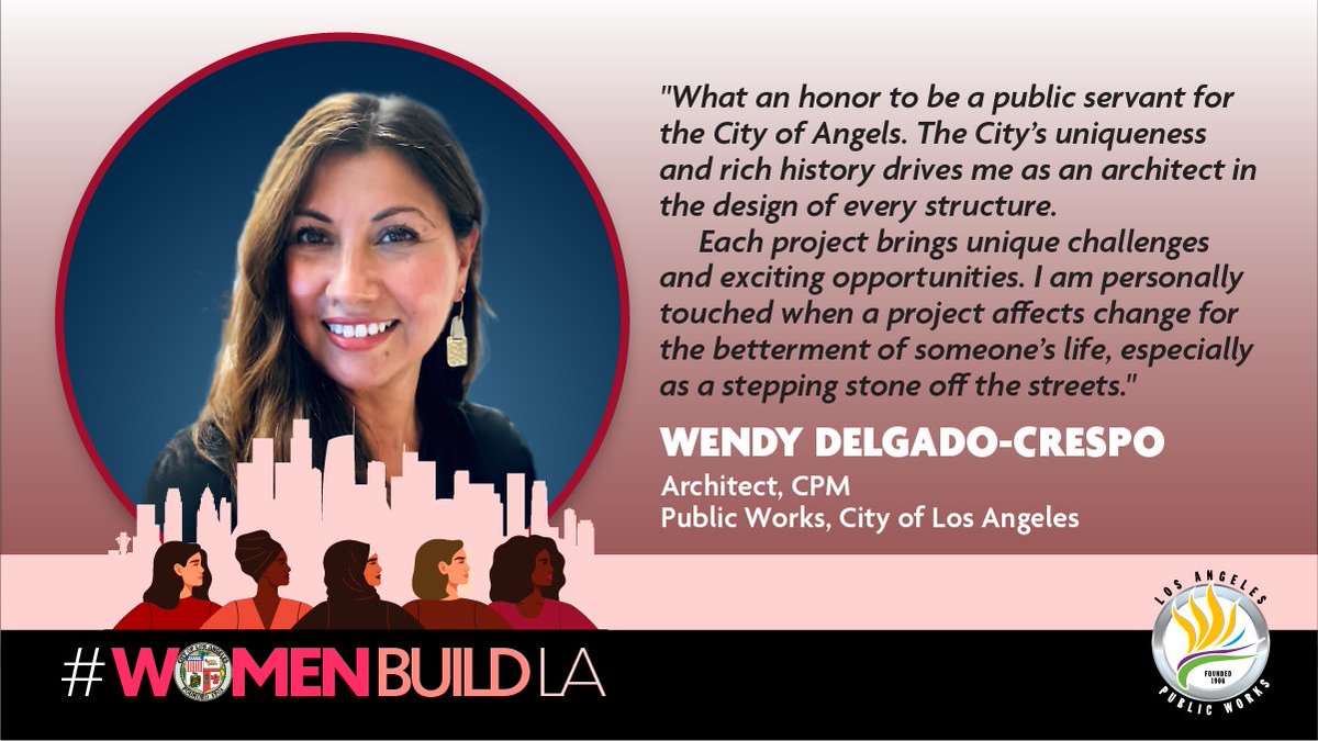LACityDPW's tweet photo. In honor of #HispanicHeritageMonth, our #WomenBuildLA series spotlight is on Wendy. She's an #architect with the Bureau of #Engineering who designs &amp; manages high-profile projects throughout @LACity, including the Chandler Tiny Home Village. Read more: https://t.co/yFYyzlDJhS. https://t.co/dEQBm97FZu