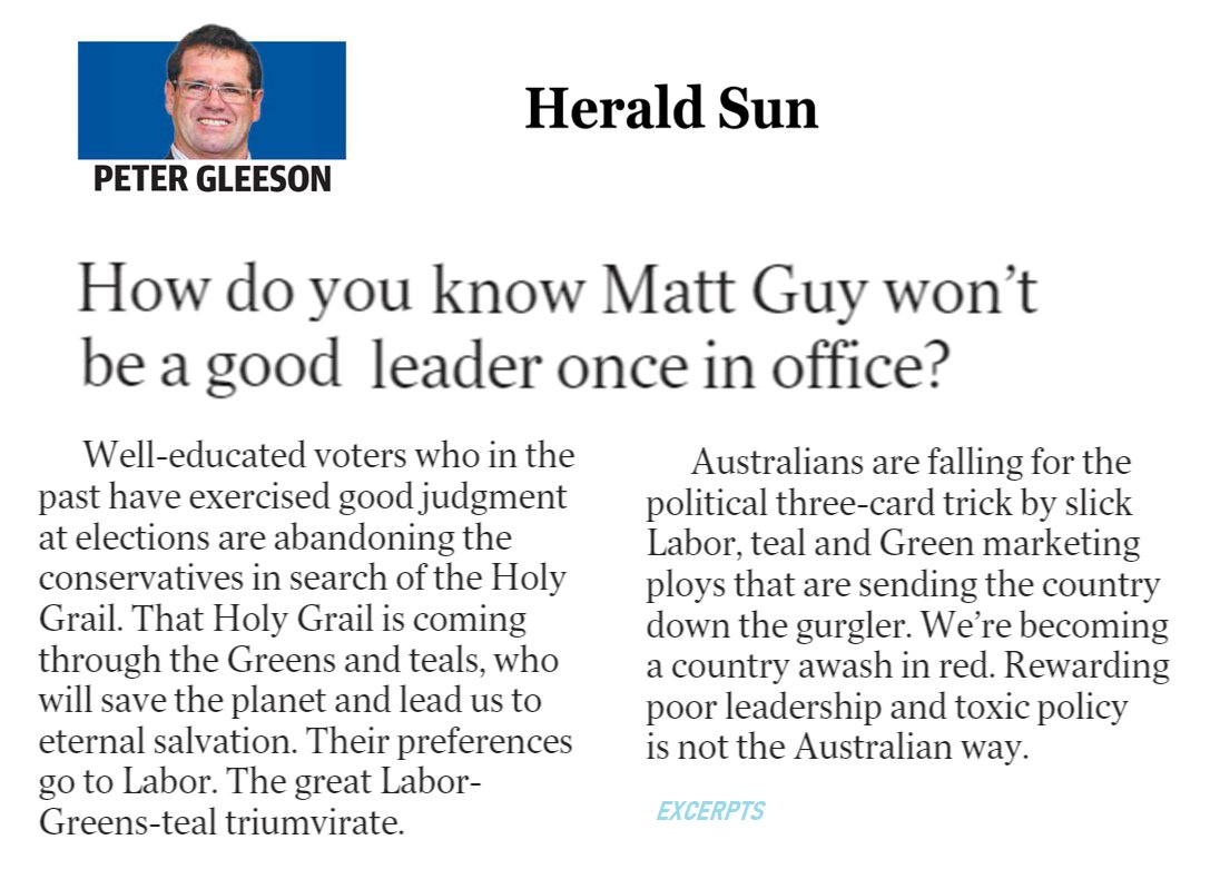 slpng_giants_oz's tweet photo. Peter Gleeson Rupert Murdoch employee, Sky News commentator &amp; News Corp commentator openly boosting for the Liberal Party in the Herald Sun.

How do we know Matthew Guy wont be a good leader once in office? 

He's a piss poor leader in opposition!!!

#Auspol #ThisIsNotJournalism https://t.co/57p7pH0Y7m