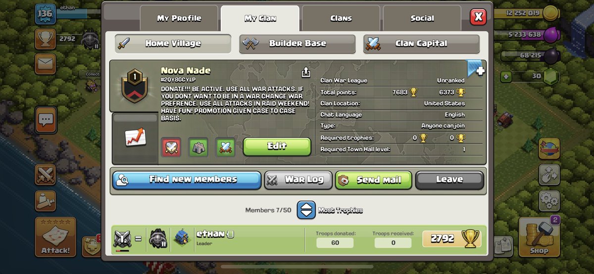 Ethandubbb's tweet photo. @ClashofClans If y’all want a clan where people are active and you can actually receive donations and do raid weekend join up. https://t.co/nZrNmYgs0m