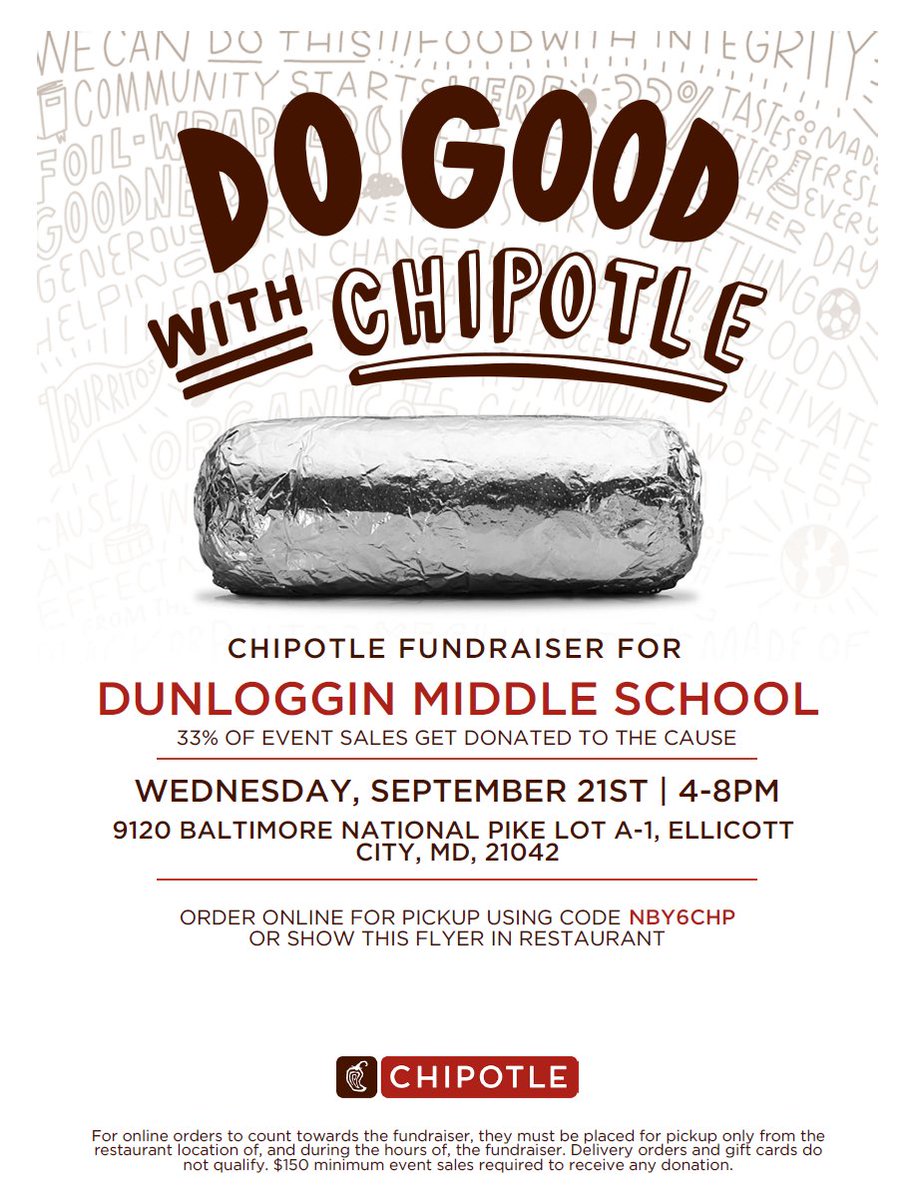 DunlogginMSPTA's tweet photo. Join us tomorrow tonight for our first restaurant night. Present this flyer or use the code below to order online and pick up. 33% of sales come back to support DMS. https://t.co/0IXn3xLgWU