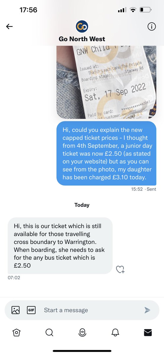 Misskjkj's tweet photo. 15 yr old buzzing about @AndyBurnhamGM capped bus fares but instead sold £3.10 cross boundary day ticket instead of cheaper two £1 junior single fares. Poor response from @gnwbus - surely driver should ask where she was going as the bus she was on goes nowhere near Warrington. https://t.co/snGPuIz4Zb