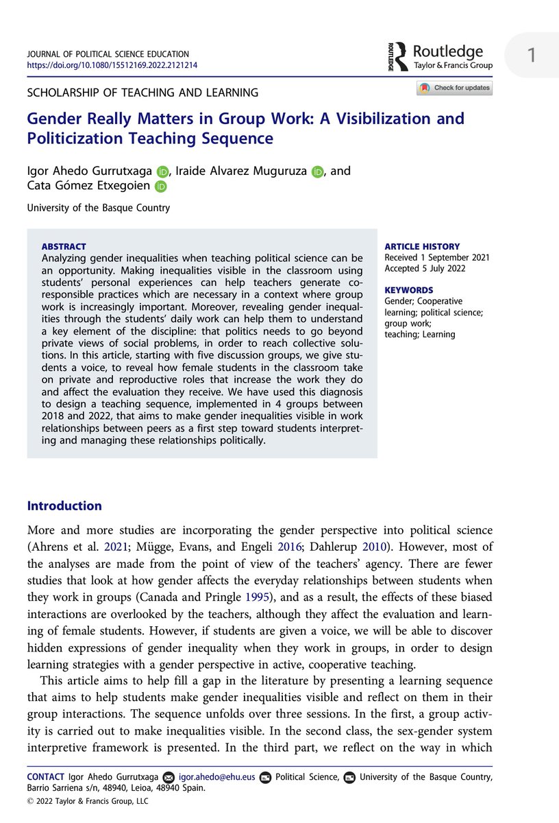 Pocos textos hacen tanta ilusión cuando salen a la luz. <a href="/JPSE_Editors/">Journal of Political Science Education</a> pública el texto Gender Really Matters in Group Work: A Visibilization and Politicization Teaching Sequence cuyo contenido presentamos en el último congreso de la <a href="/AECPA_/">AECPA</a> en el taller ¿Quién hace qué? 
Hilo🧶