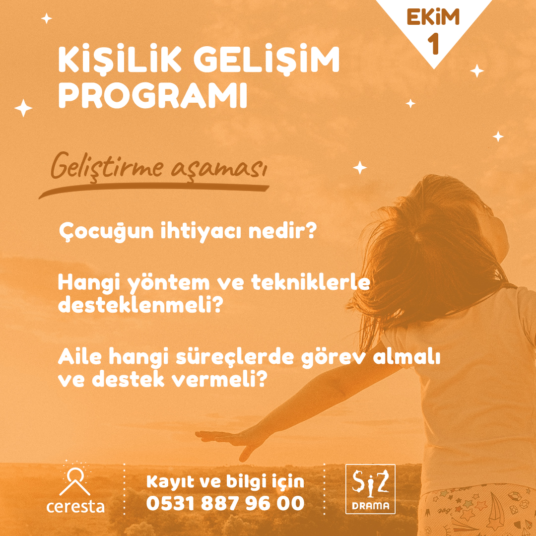 Alanında yetkin, deneyimli eğitimciler, yaratıcı drama liderleri ve psikologlar tarafından hazırlanan “Kişilik Gelişim Programı” 1 Ekim’de Ceresta’da yeniden başlıyor.
Kayıt ve bilgi için arayınız; 0531 887 96 00
#Ceresta #SizDrama #KişilikGelişimProgramı