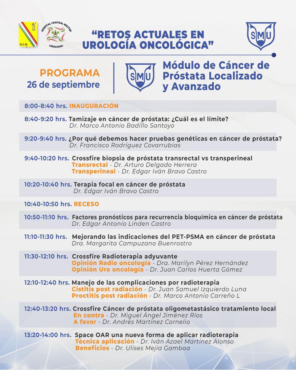 smumexico's tweet photo. Te invitamos el próximo 26, 27 y 28 de septiembre al ciclo de conferencias “Retos Actuales en Urología Oncológica” organizado por el Hospital Central Militar y su área de Urología. 

Conoce el programa ¡Te esperamos!

#TodosSomosSMU #SMU #SMU2022 #Urología https://t.co/wTjG4adOqi