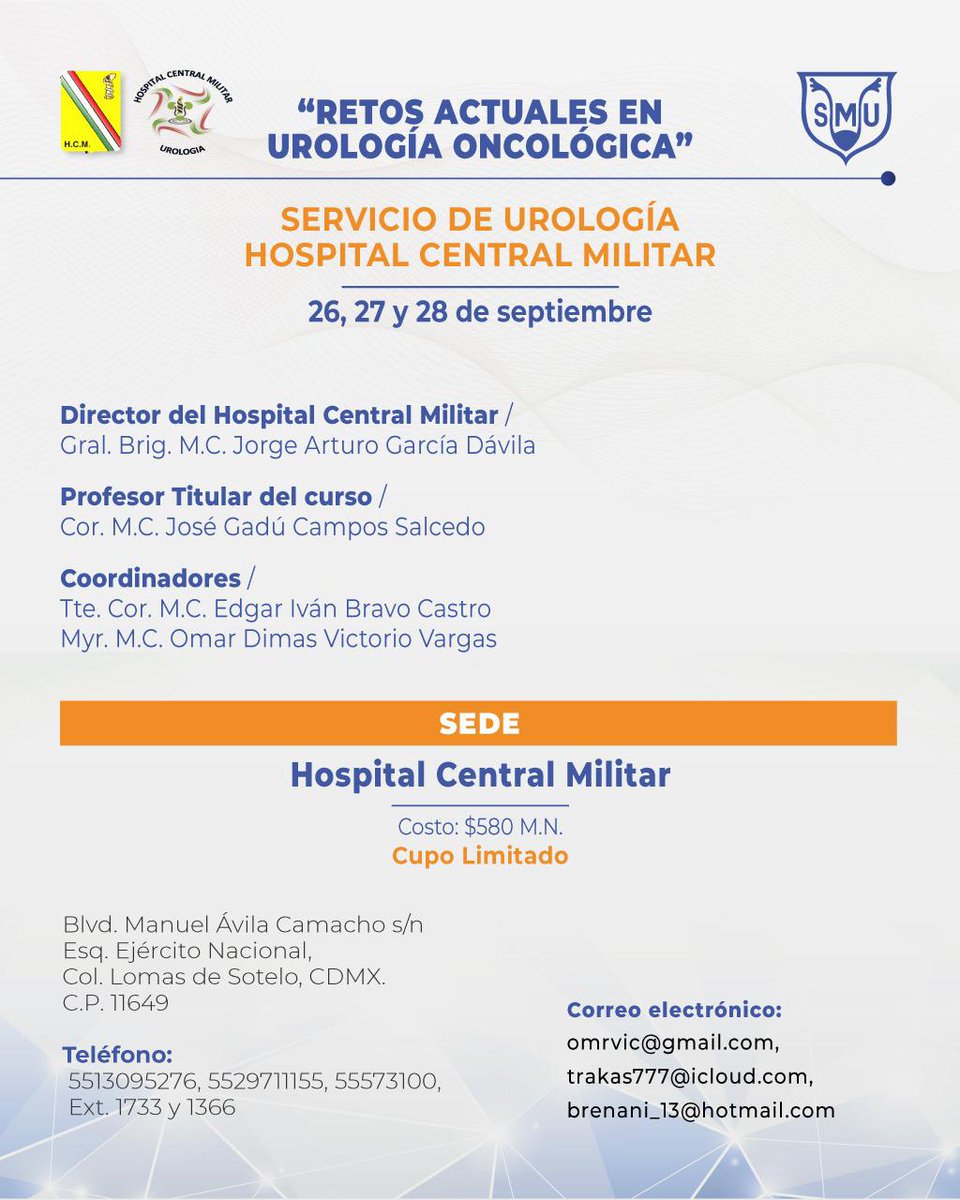 smumexico's tweet photo. Te invitamos el próximo 26, 27 y 28 de septiembre al ciclo de conferencias “Retos Actuales en Urología Oncológica” organizado por el Hospital Central Militar y su área de Urología. 

Conoce el programa ¡Te esperamos!

#TodosSomosSMU #SMU #SMU2022 #Urología https://t.co/wTjG4adOqi