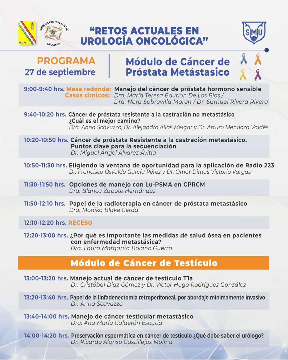 smumexico's tweet photo. Te invitamos el próximo 26, 27 y 28 de septiembre al ciclo de conferencias “Retos Actuales en Urología Oncológica” organizado por el Hospital Central Militar y su área de Urología. 

Conoce el programa ¡Te esperamos!

#TodosSomosSMU #SMU #SMU2022 #Urología https://t.co/wTjG4adOqi