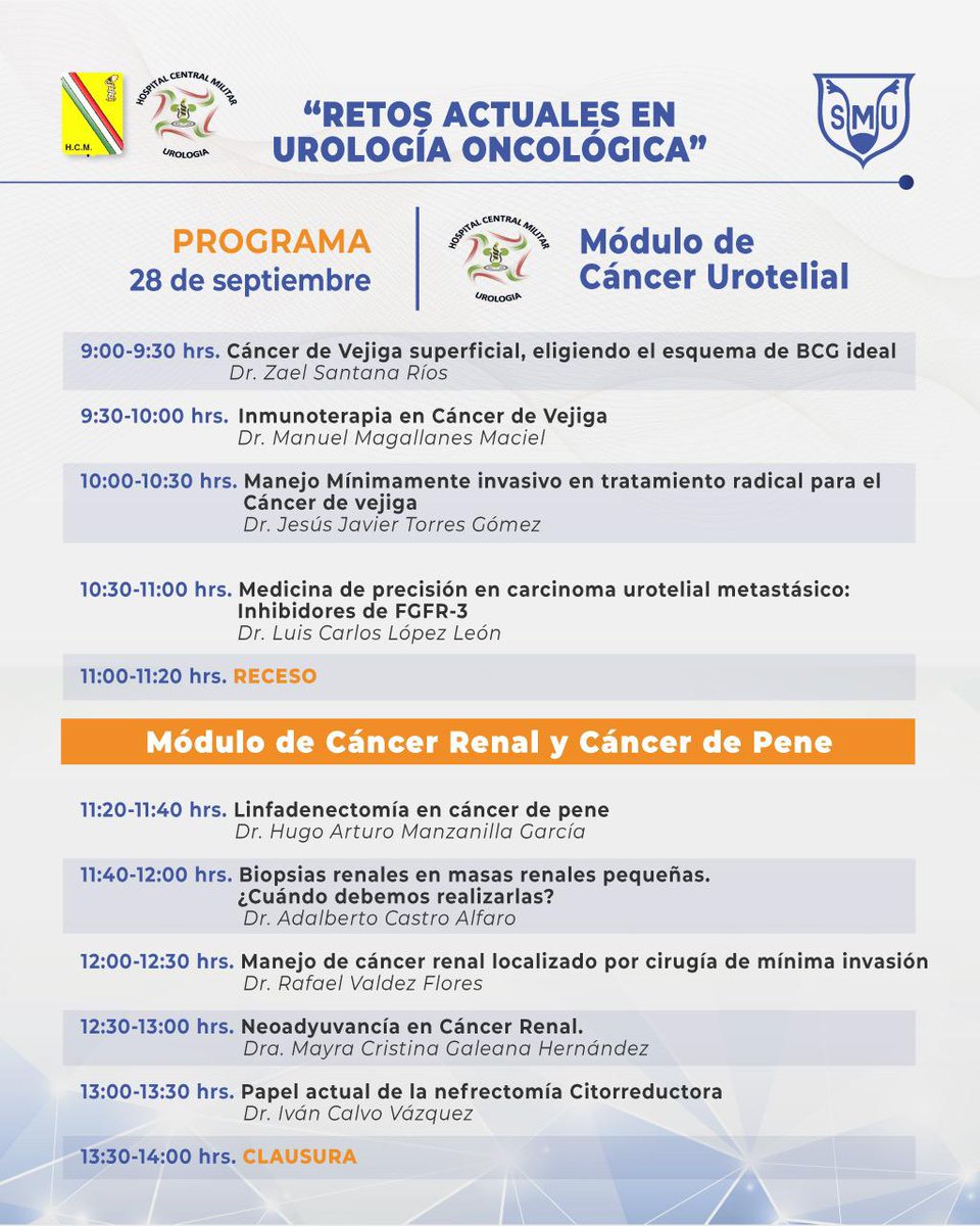 smumexico's tweet photo. Te invitamos el próximo 26, 27 y 28 de septiembre al ciclo de conferencias “Retos Actuales en Urología Oncológica” organizado por el Hospital Central Militar y su área de Urología. 

Conoce el programa ¡Te esperamos!

#TodosSomosSMU #SMU #SMU2022 #Urología https://t.co/wTjG4adOqi